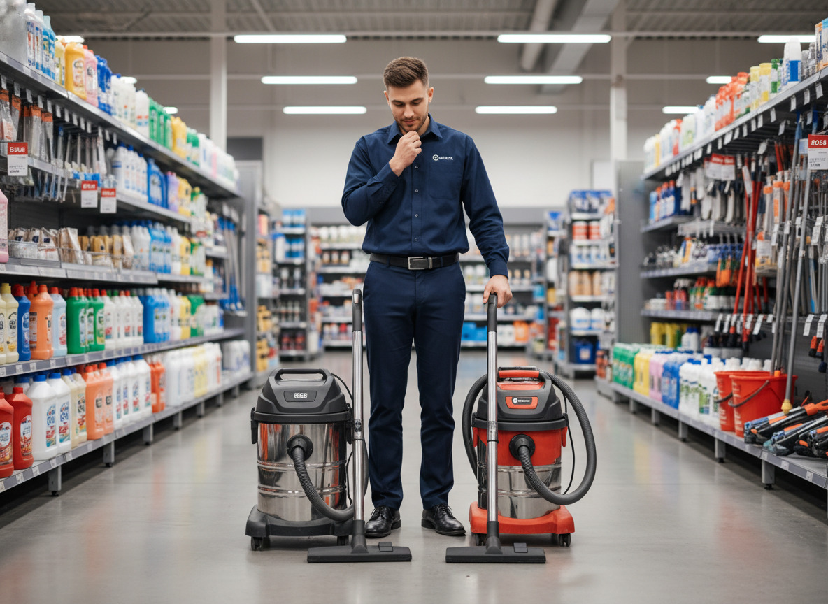 Jeune homme inspecte deux aspirateurs dans un magasin de fournitures de nettoyage