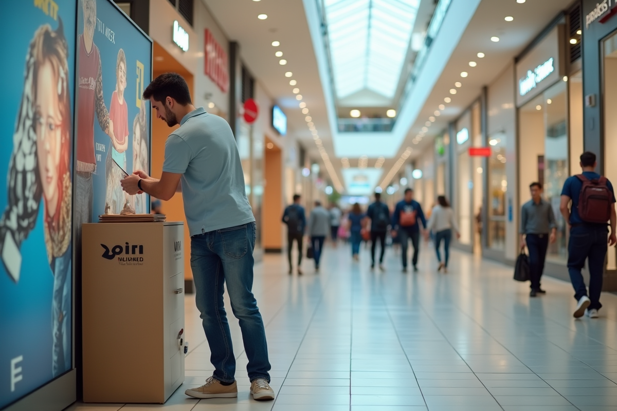 Jeune homme réapprovisionnant une affiche promotionnelle