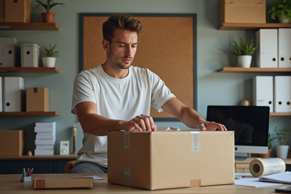 Jeune homme scellant une boite d