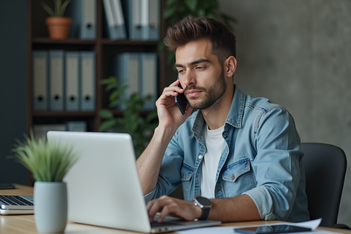 Jeune homme en visioconference dans un bureau moderne