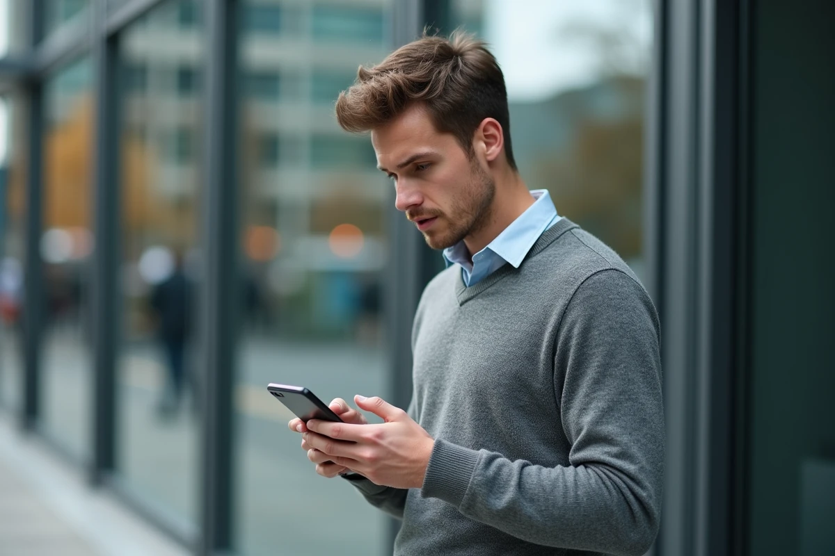 Jeune homme regardant son smartphone devant un bâtiment