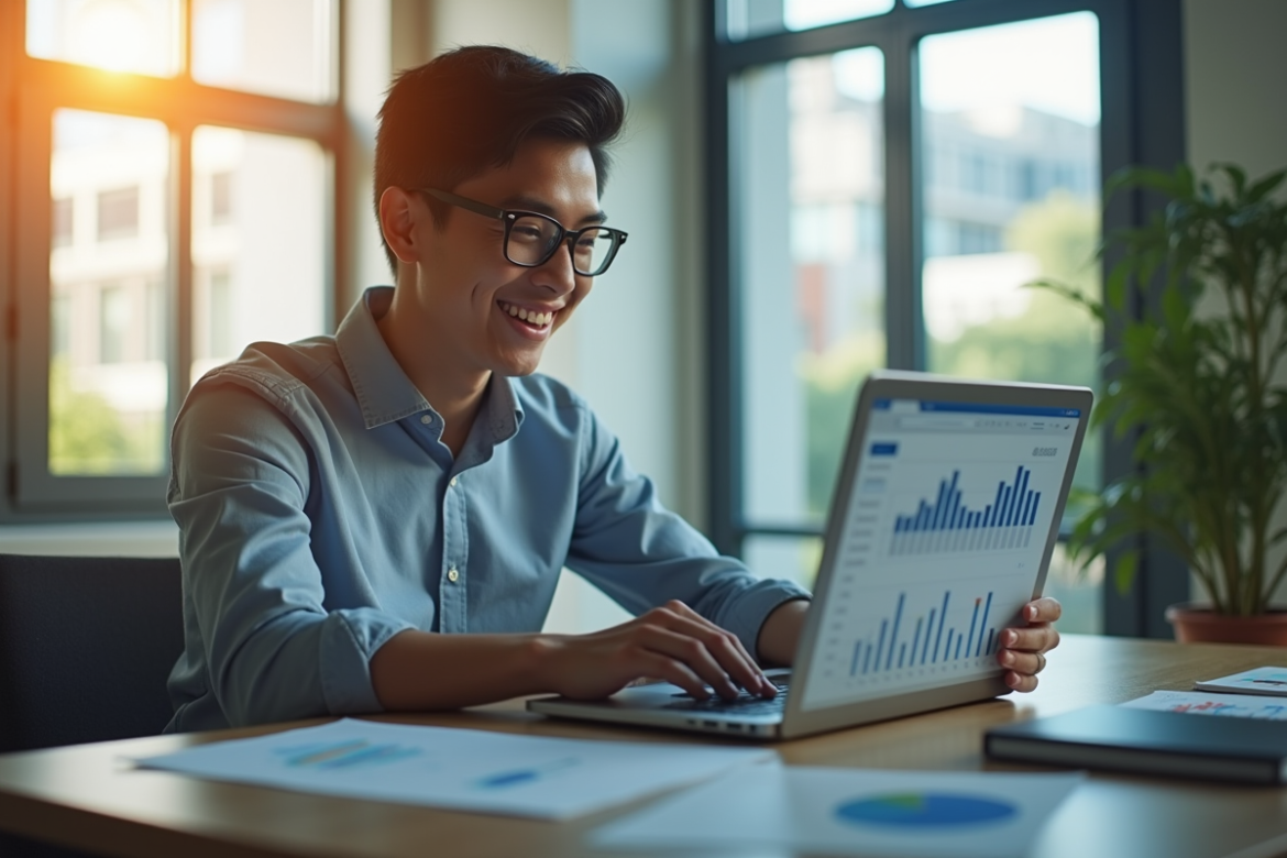 Jeune professionnel analysant des graphiques financiers sur un ordinateur