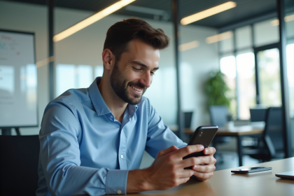Jeune homme professionnel utilisant son smartphone au bureau