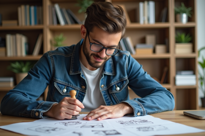 Jeune professionnel appose un cachet sur des esquisses créatives