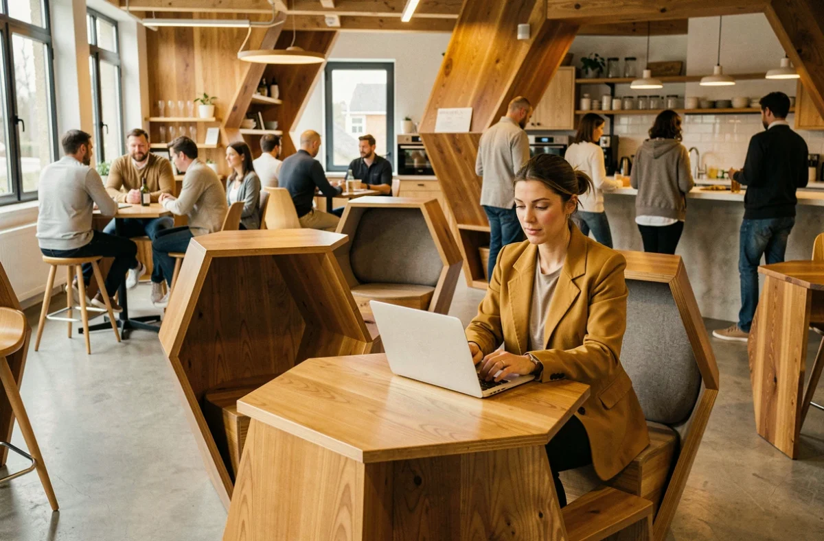 Espace de coworking La Ruche à Lorient avec mobilier hexagonal en bois inspiré de la ruche et ambiance communautaire chaleureuse