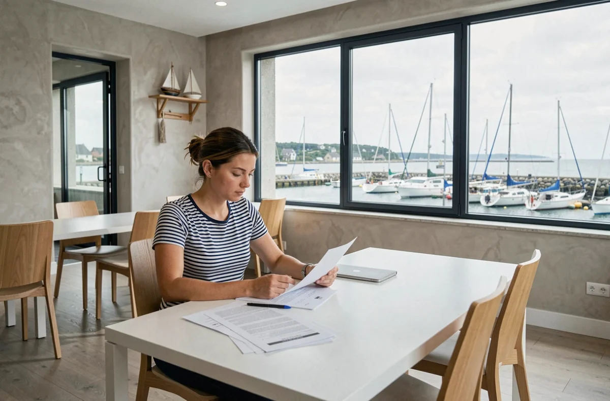 Espace de coworking Lab'Ocean à La Trinité-sur-Mer avec vue sur la marina et les voiliers depuis un bureau moderne