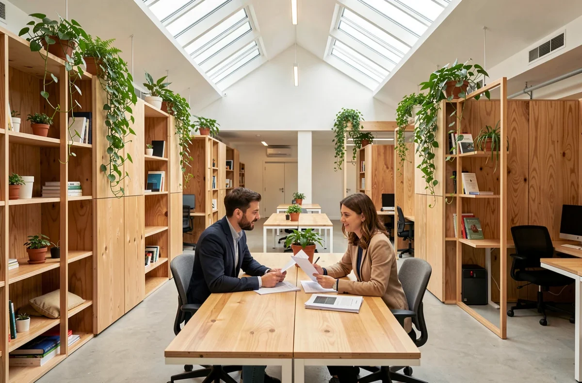 Espace de coworking Le Puzzle à Quimper avec aménagement modulaire en bois et professionnels collaborant dans des alcôves végétalisées