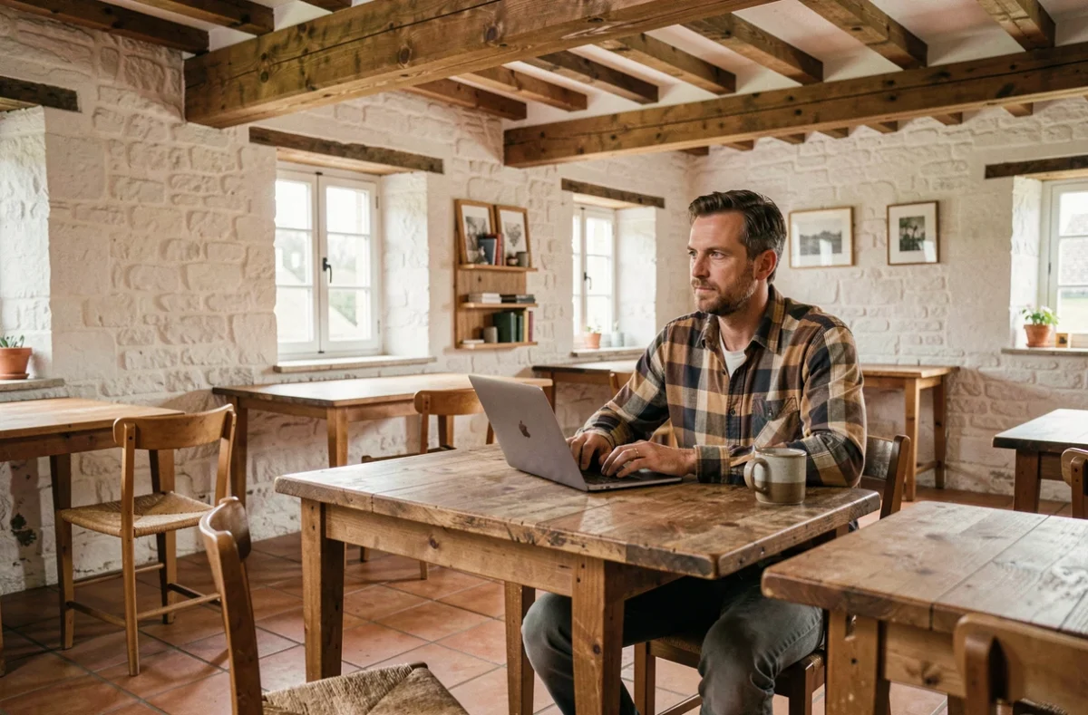Espace de coworking Le Repère à Pleguien installé dans une ancienne ferme bretonne aux murs en pierre et poutres en bois