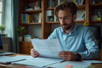 Homme lisant attentivement une notice administrative officielle sur son bureau encombré de documents