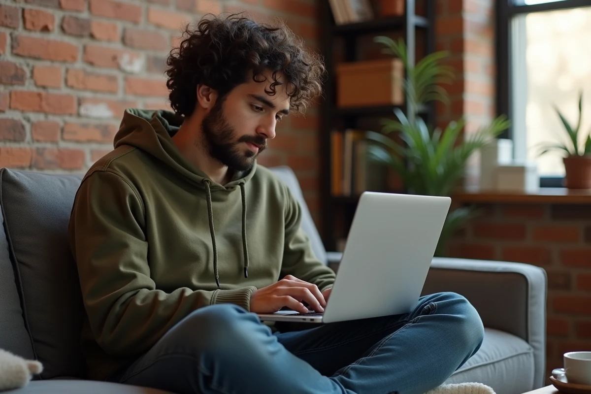 Jeune entrepreneur lisant les détails tarifaires d'un abonnement IA sur son ordinateur depuis son appartement