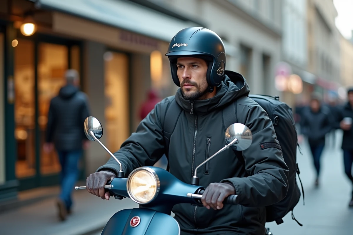 Livreur Uber Eats en pause appuyé sur son scooter en ville avec sac isotherme, illustration du statut d'autoentrepreneur en complément de la CAF