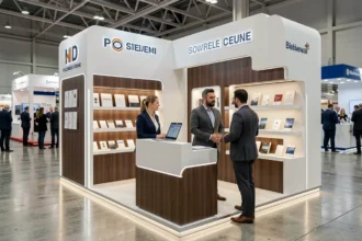 Stand d'exposition haut de gamme lors d'un salon professionnel avec deux commerciaux accueillant des prospects