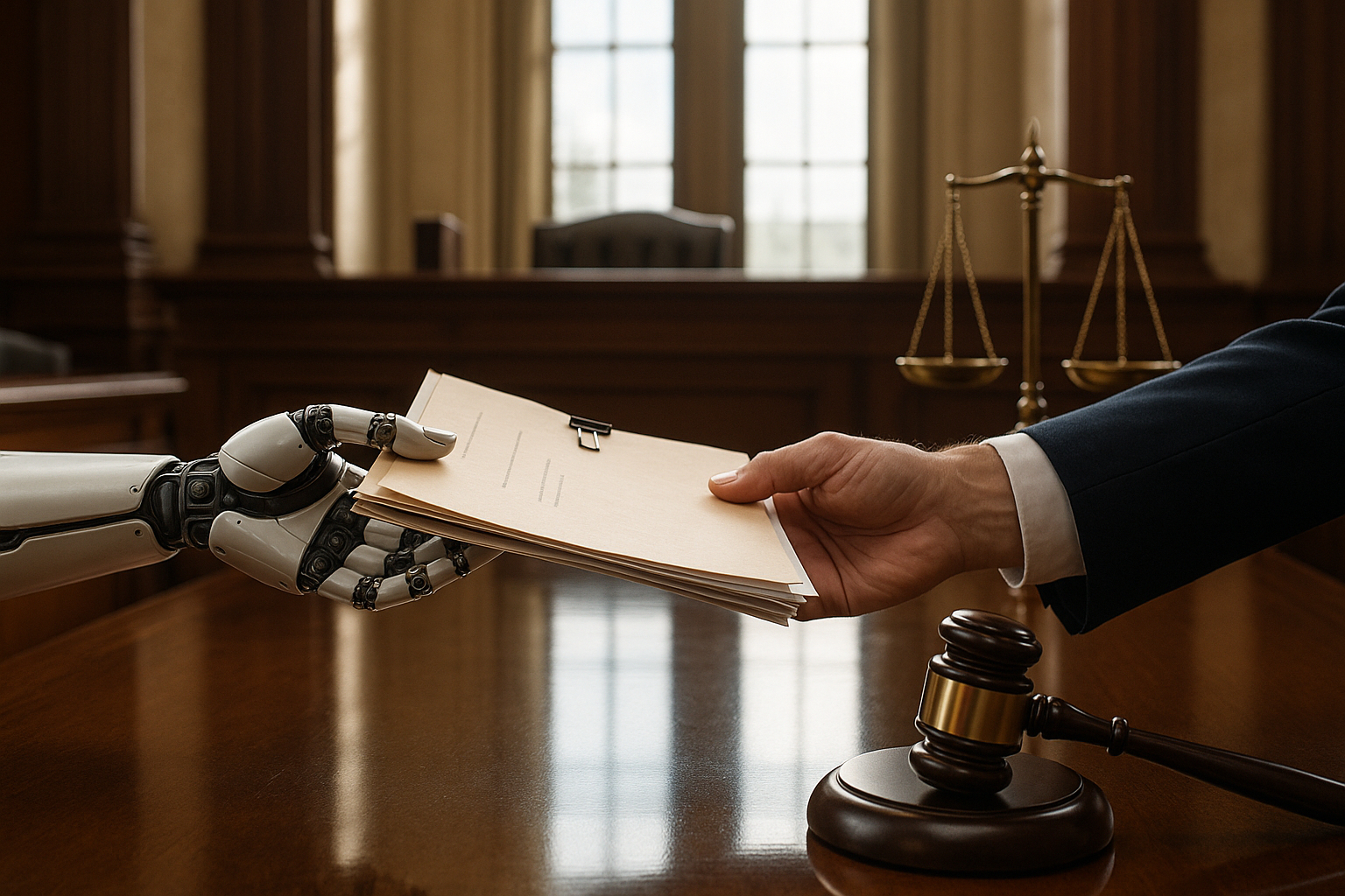 Main robotique et humaine échangeant des documents juridiques dans une salle d