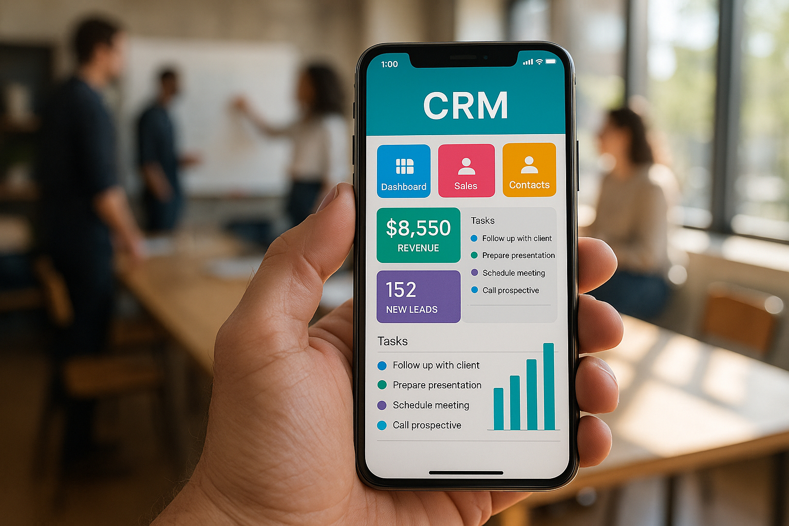 Main tenant un smartphone avec interface CRM colorée