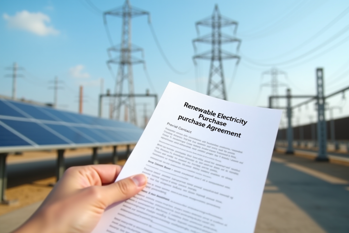 Main tenant un contrat d énergie renouvelable devant une centrale solaire