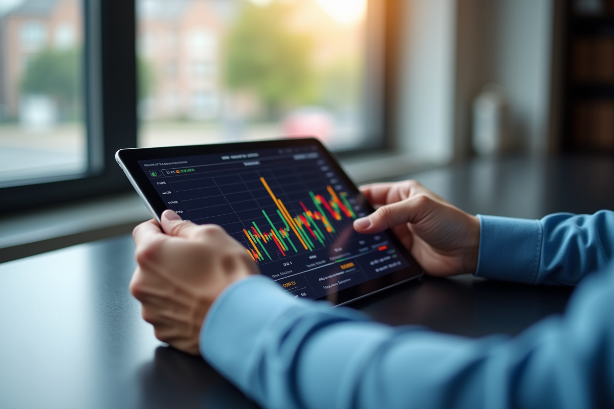 Mains tenant une tablette avec graphiques de tendances de marché en lumière naturelle