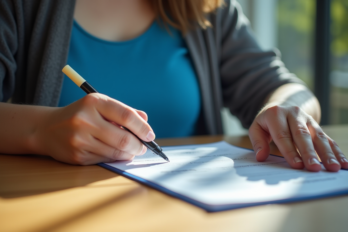 Mains tenant un code du travail bleu avec surligneur et stylo