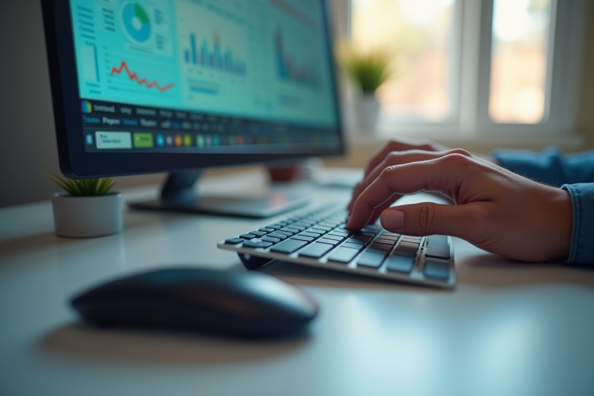 Mains tapant sur un clavier sans fil avec tableau de bord comptable