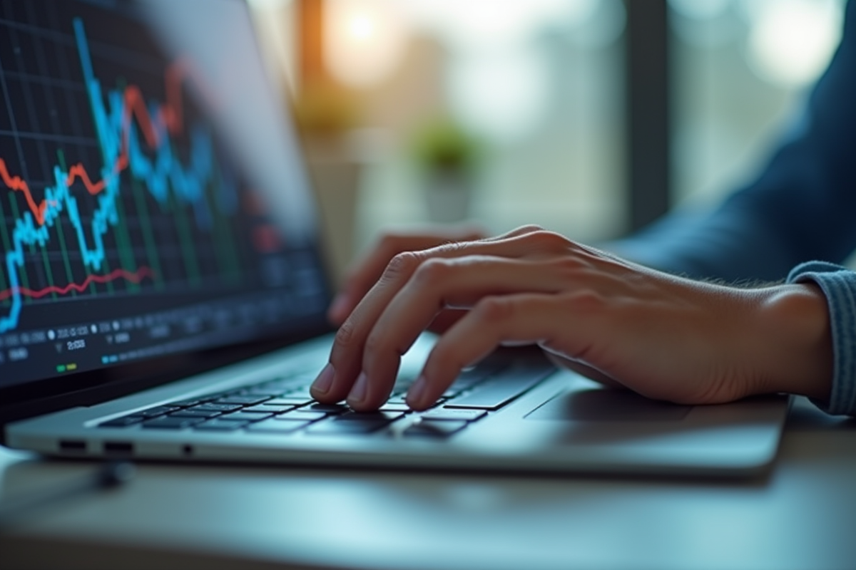Mains confiantes tapant sur un clavier avec graphiques