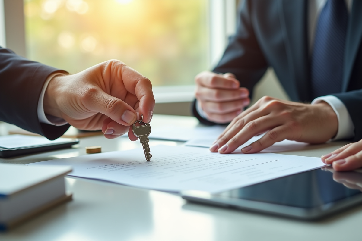 Mains tenant une clé et un rapport sur un bureau lumineux