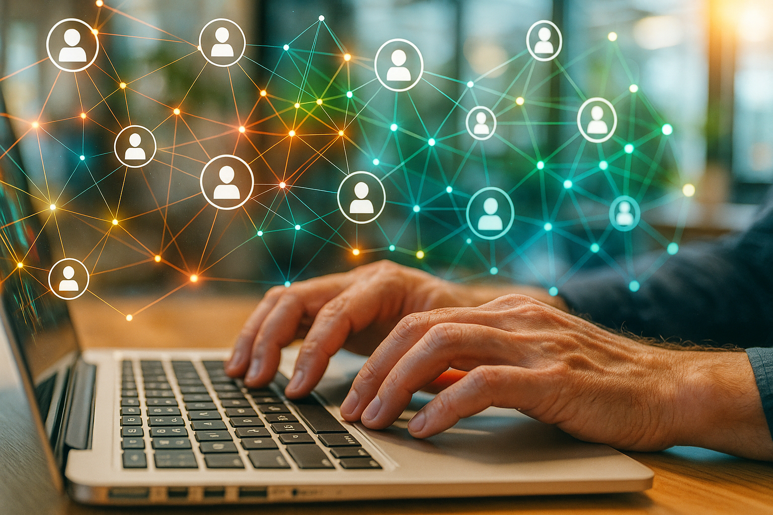 Mains tapant sur un ordinateur avec visualisation de réseau digital