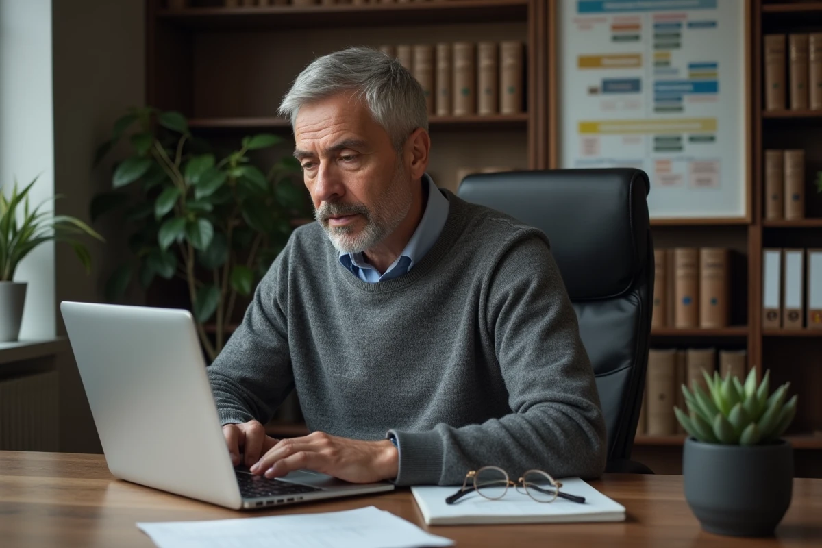 Manager masculin rédigeant une note de service interne sur ordinateur dans son bureau privé