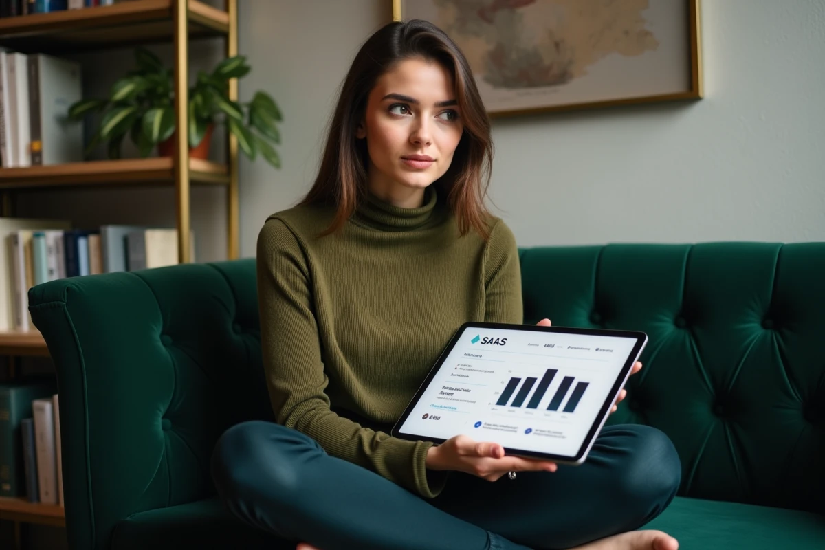 Jeune professionnelle du marketing consultant un cas client SaaS sur tablette, assise dans un coin bureau élégant illustrant la stratégie de contenu pour site vitrine