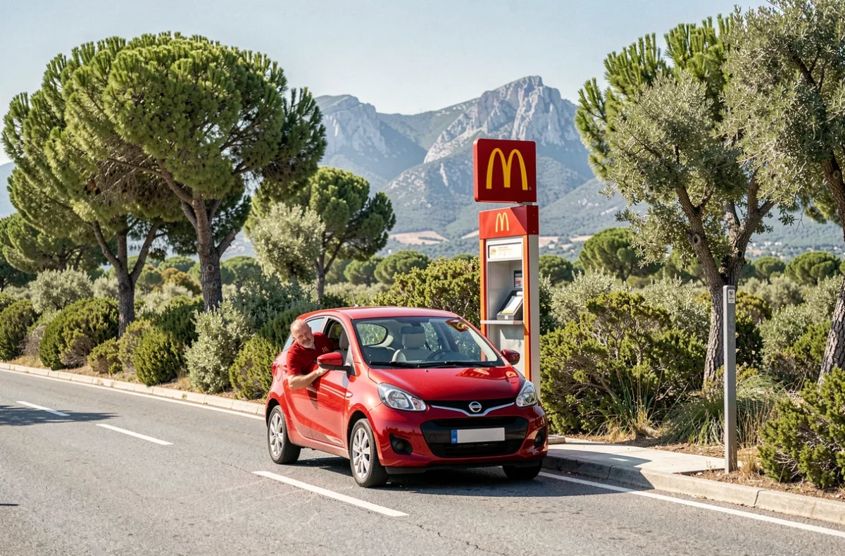 Drive McDonald's bordé de maquis corse avec vue sur les montagnes de l'île