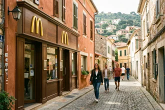 Façade d'un McDonald's imaginé dans un village côtier corse avec architecture méditerranéenne