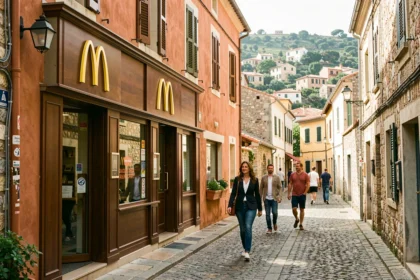 Façade d'un McDonald's imaginé dans un village côtier corse avec architecture méditerranéenne