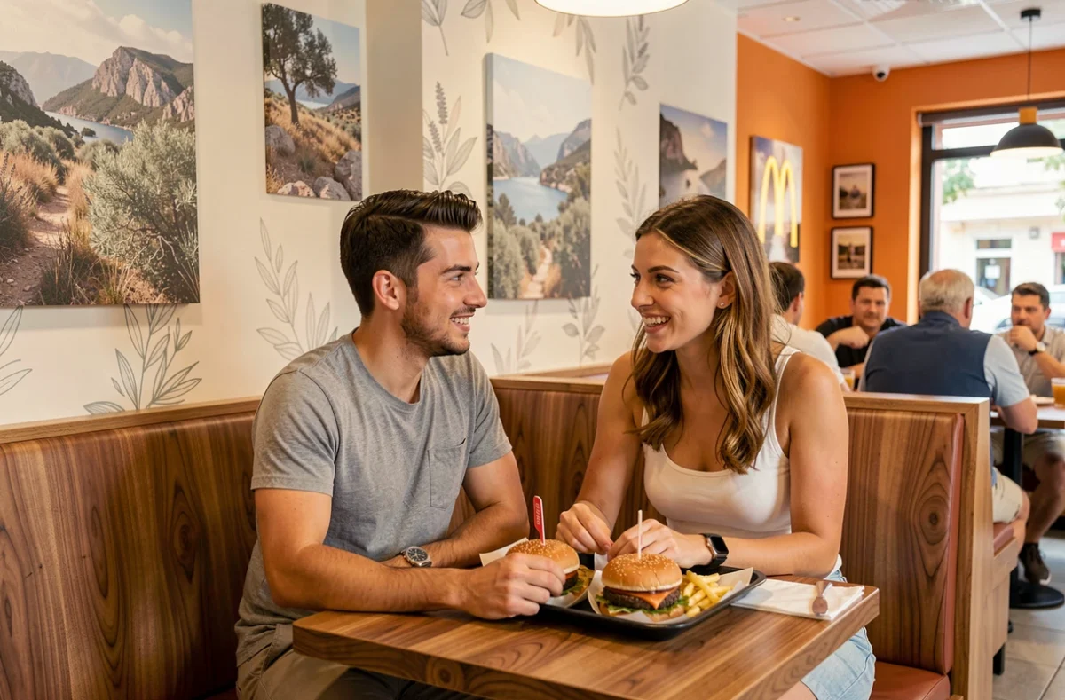 Intérieur d'un McDonald's décoré avec des éléments inspirés de la culture et des paysages corses