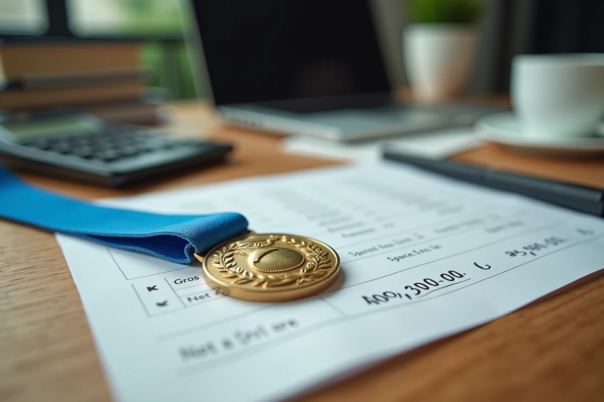 Médaille du travail posée sur un bureau avec documents de paie et calcul des charges sociales