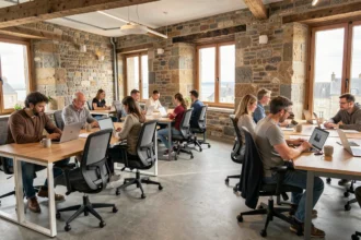 Vue panoramique d'un espace de coworking moderne en Bretagne alliant architecture en pierre traditionnelle et mobilier contemporain