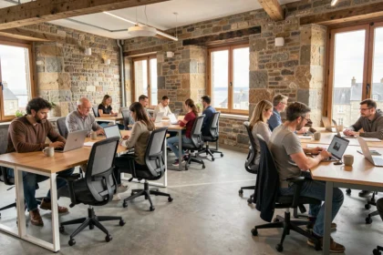 Vue panoramique d'un espace de coworking moderne en Bretagne alliant architecture en pierre traditionnelle et mobilier contemporain