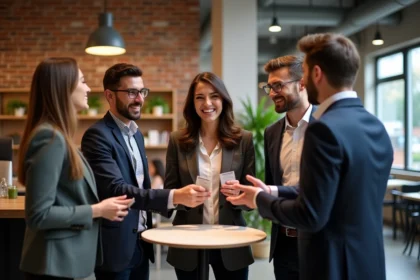 Groupe d'entrepreneurs échangeant des cartes de visite lors d'un événement de networking B2B dans un espace de coworking moderne