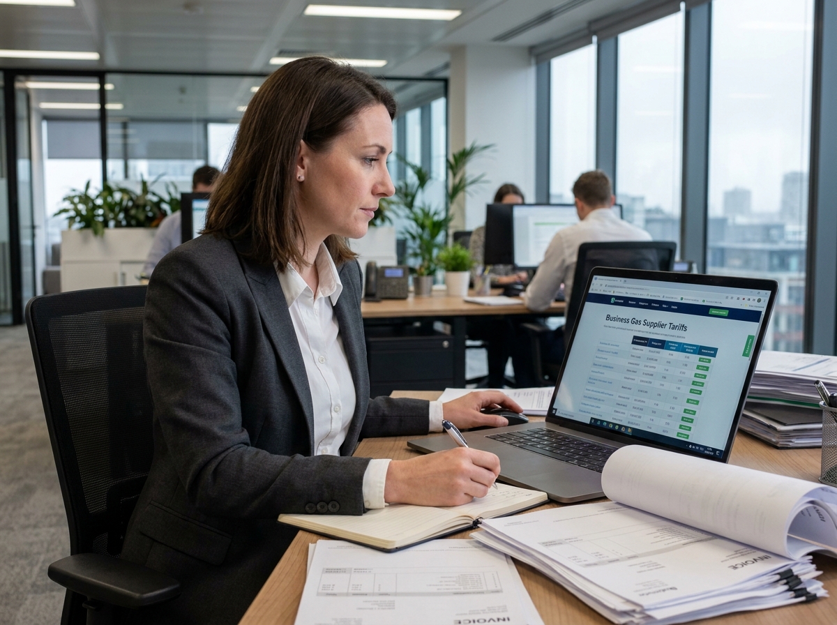 Femme d'affaires comparant les offres de gaz professionnel sur ordinateur dans un bureau moderne