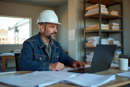 Homme en casque et veste de chantier au bureau lumineux