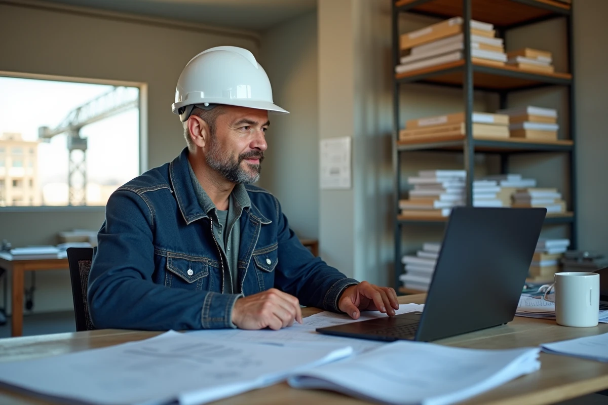 Homme en casque et veste de chantier au bureau lumineux