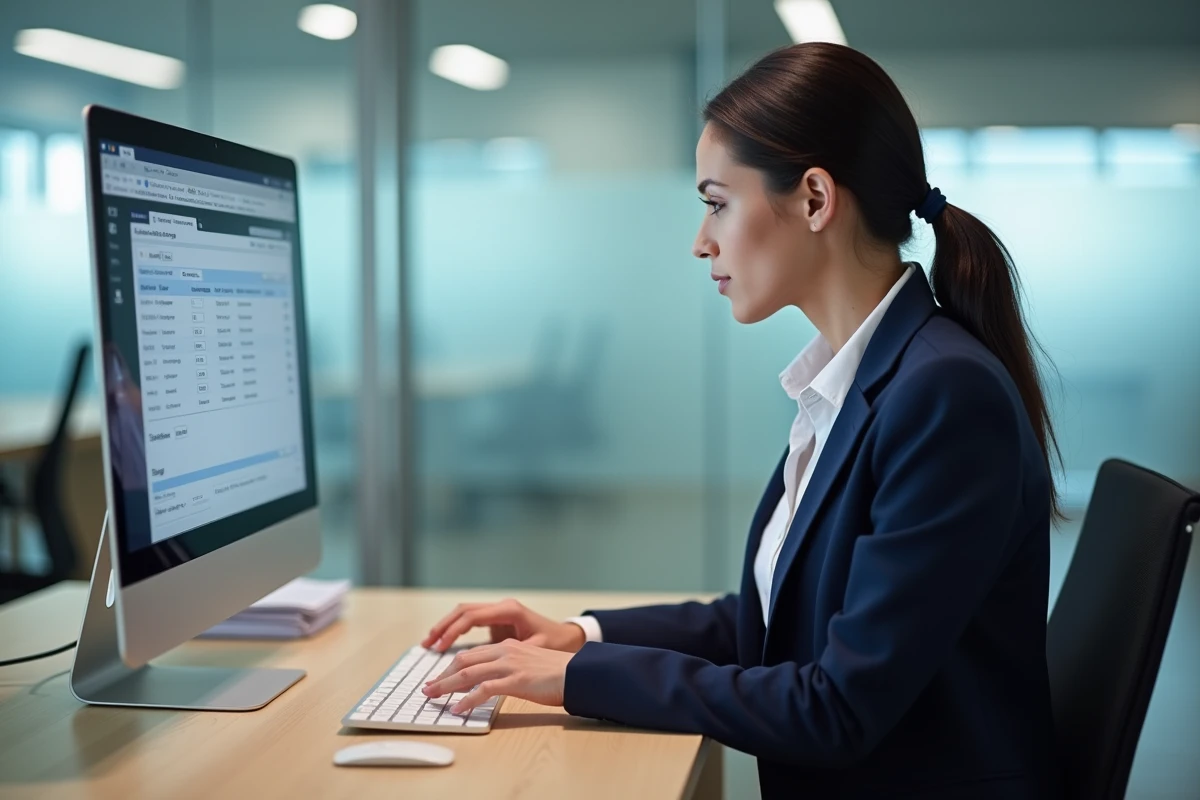 Femme paramétrant des articles dans un logiciel de gestion de stock sur ordinateur de bureau en open-space