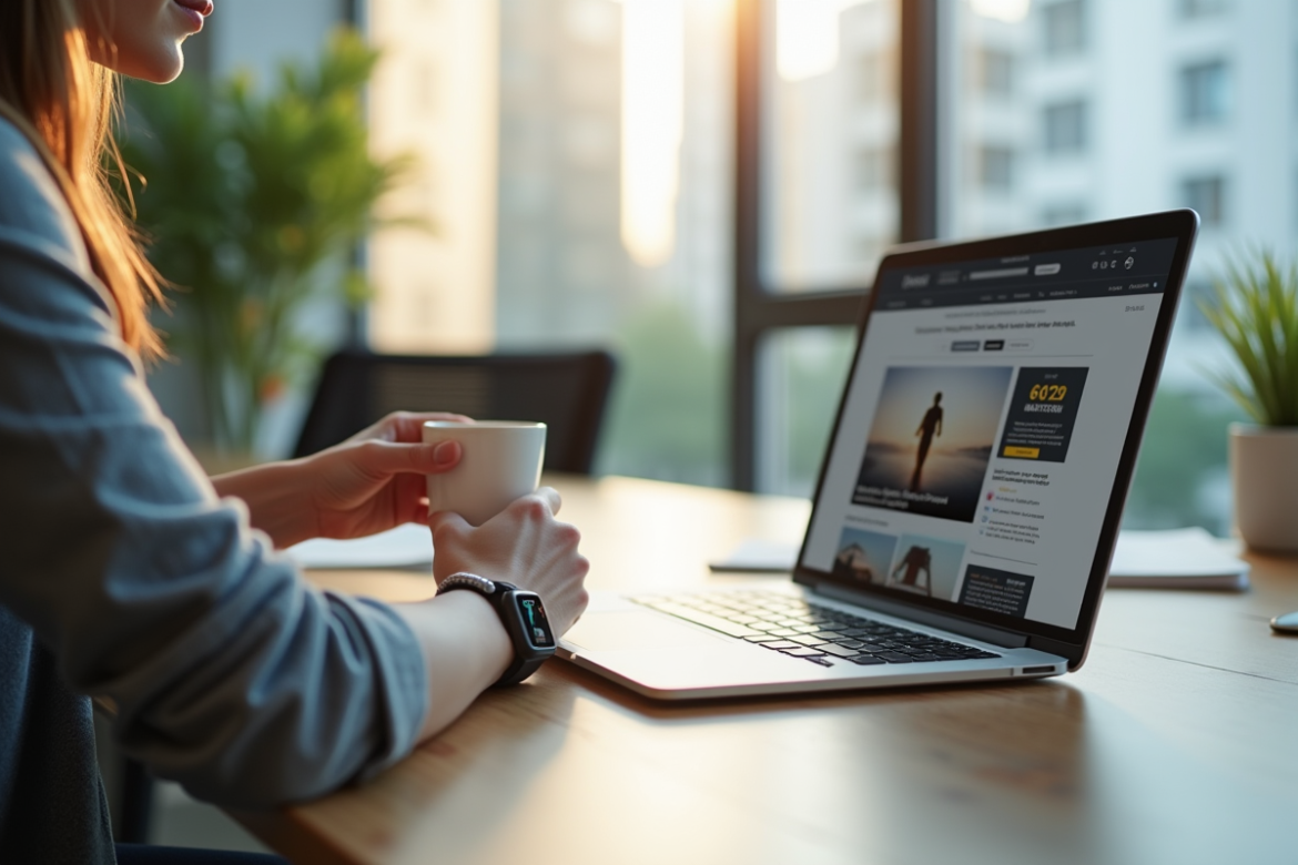 Personne dans un bureau moderne vérifiant l'heure avec une montre connectée