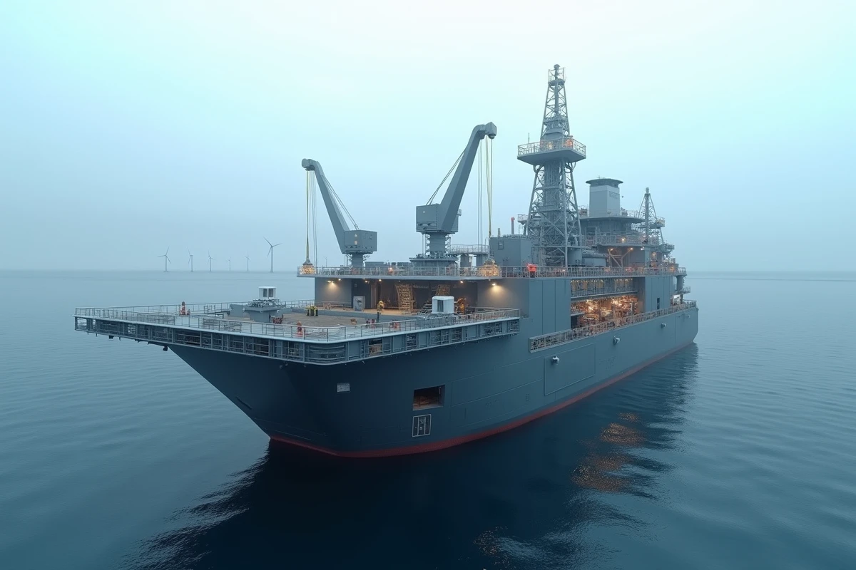 Plateforme de production en mer avec modules et grues robotiques