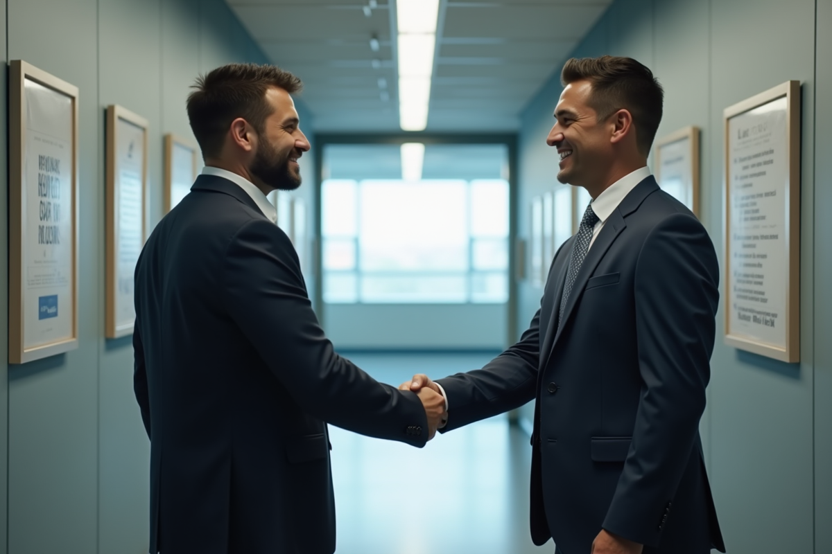 Poignée de main entre employeur et employé dans un couloir professionnel