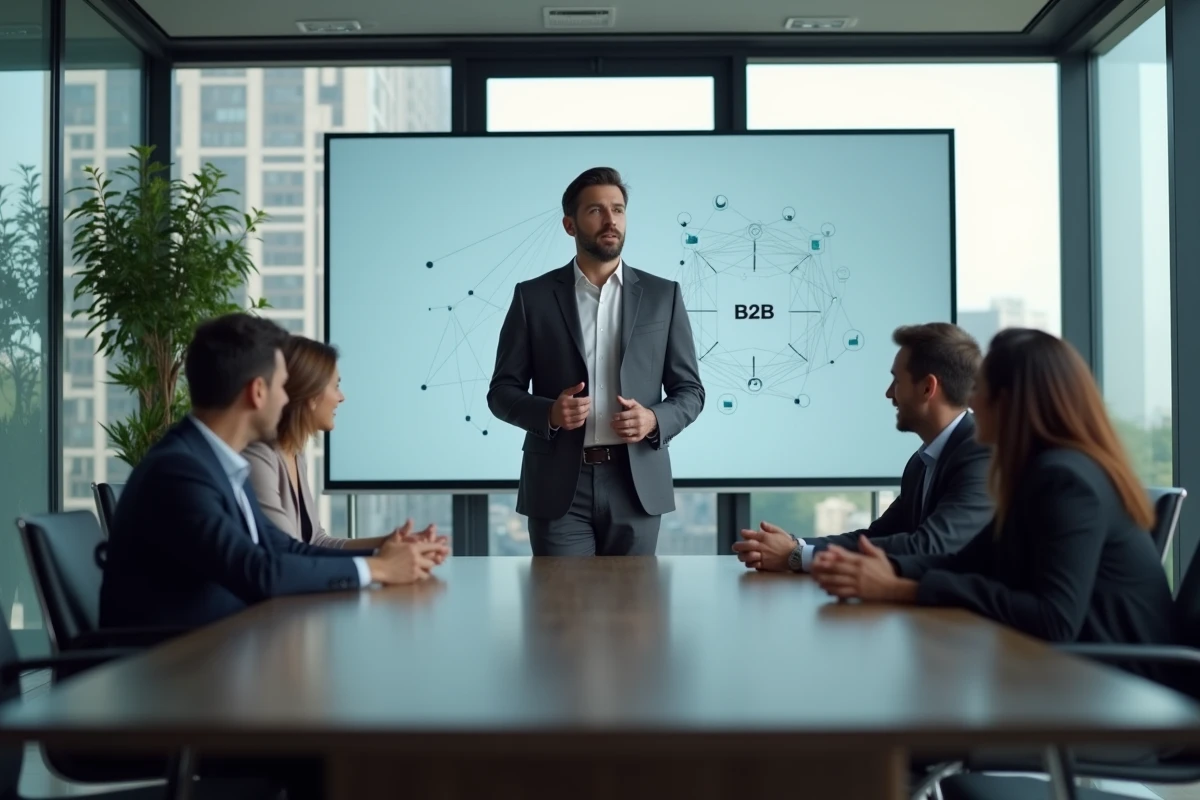 Entrepreneur présentant une stratégie de réseau B2B à son cercle d'affaires dans une salle de conférence moderne