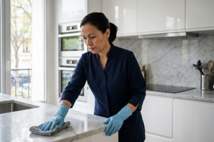 Femme de ménage professionnelle nettoyant un plan de travail dans une cuisine moderne d'un appartement à Issy-les-Moulineaux