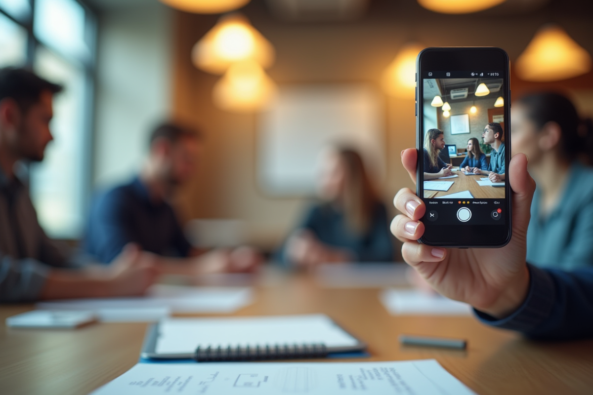 Main tenant un smartphone enregistrant une réunion d