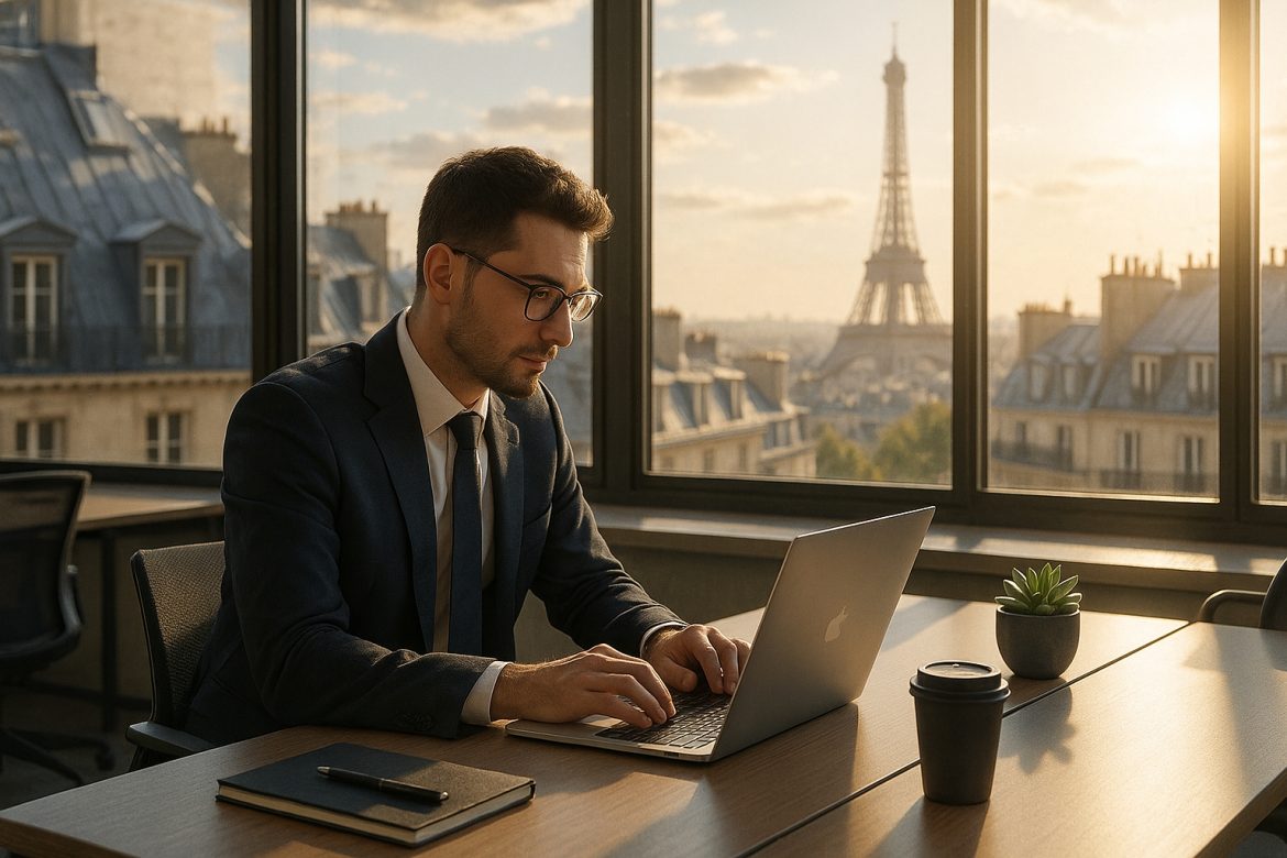 Photo d'un professionnel moderne travaillant sur un ordinateur dans un bureau parisien