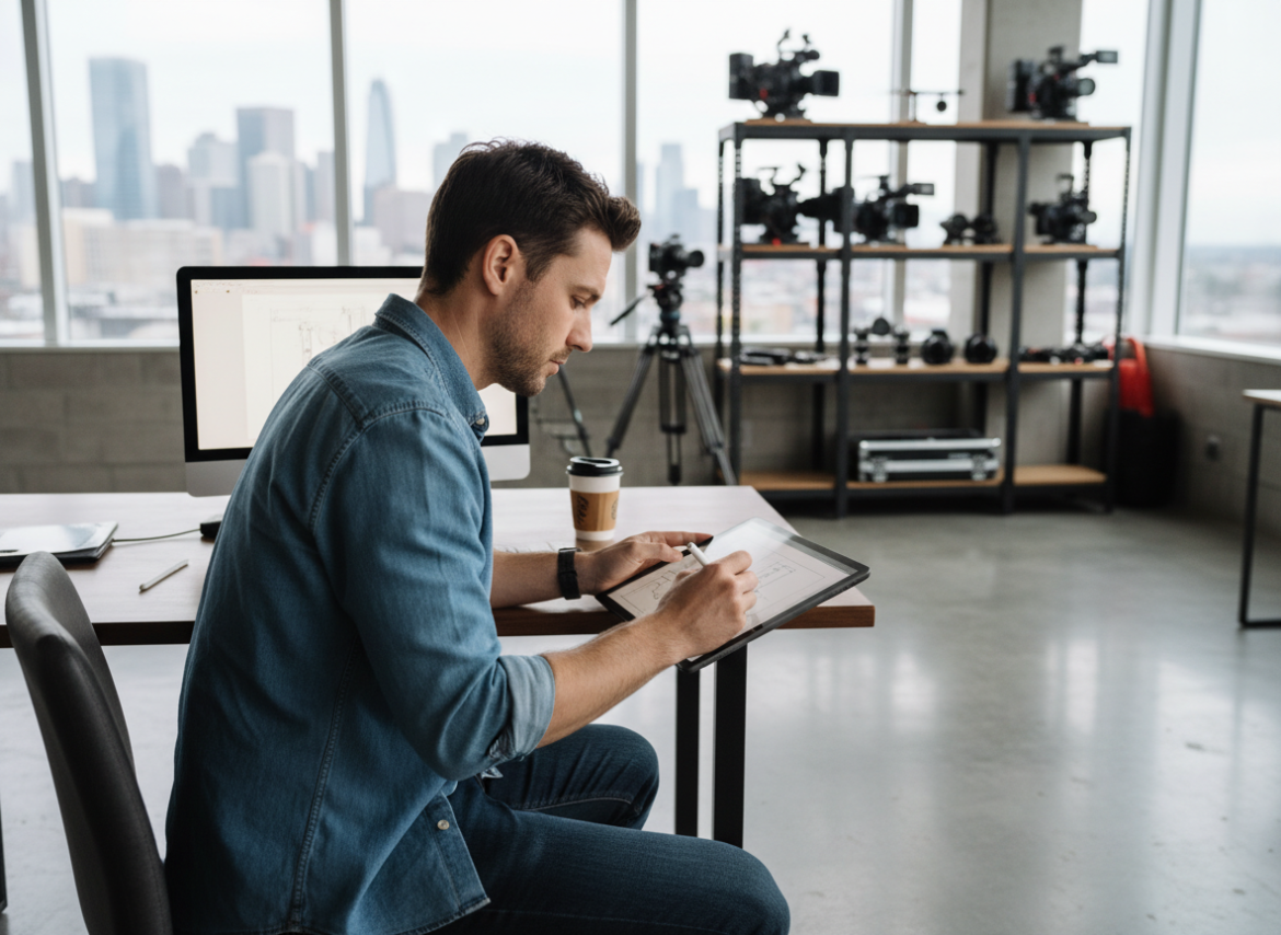 Jeune professionnel créatif en studio moderne en train de dessiner