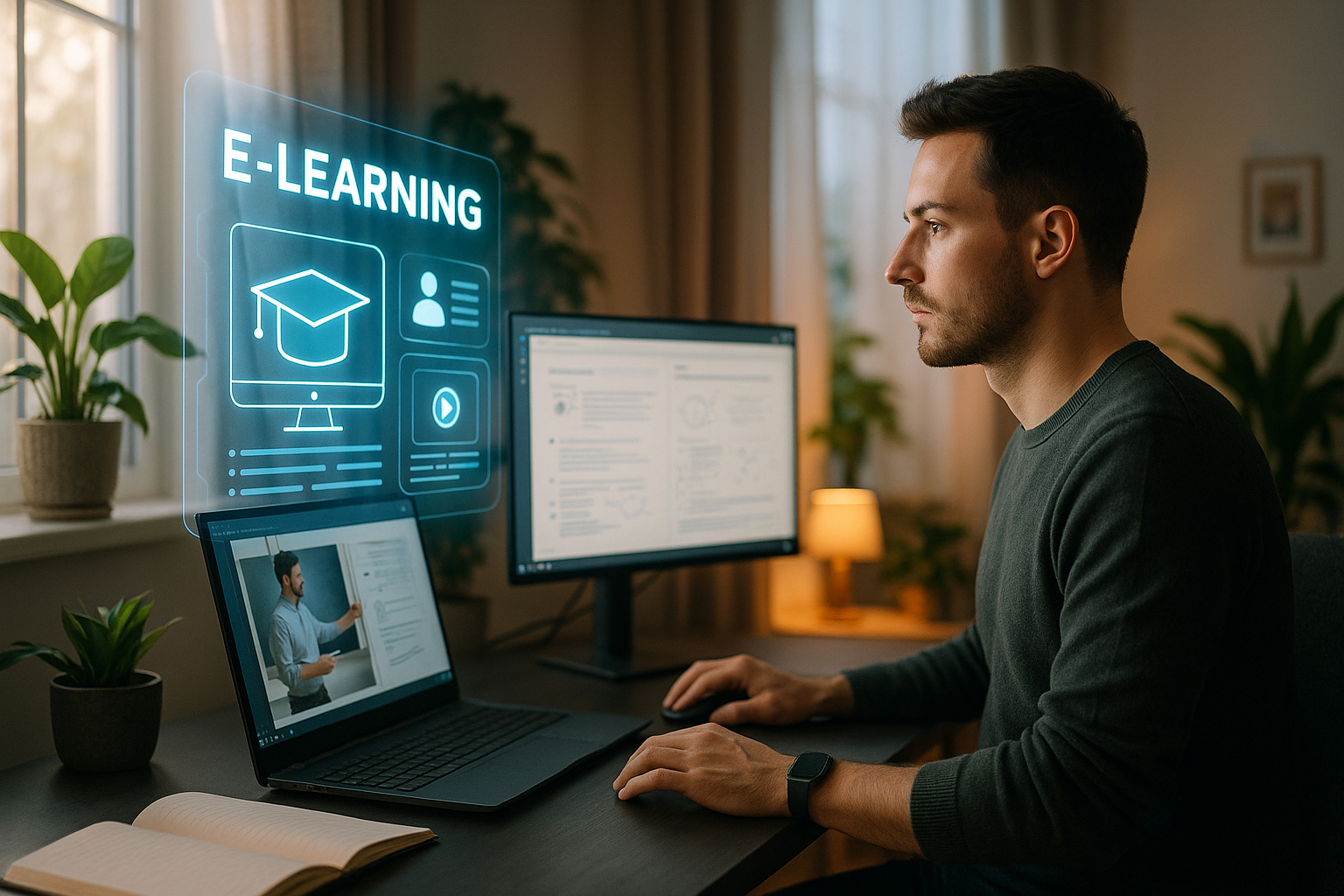 Professionnel seul à la maison suivant un cours en ligne avec hologrammes