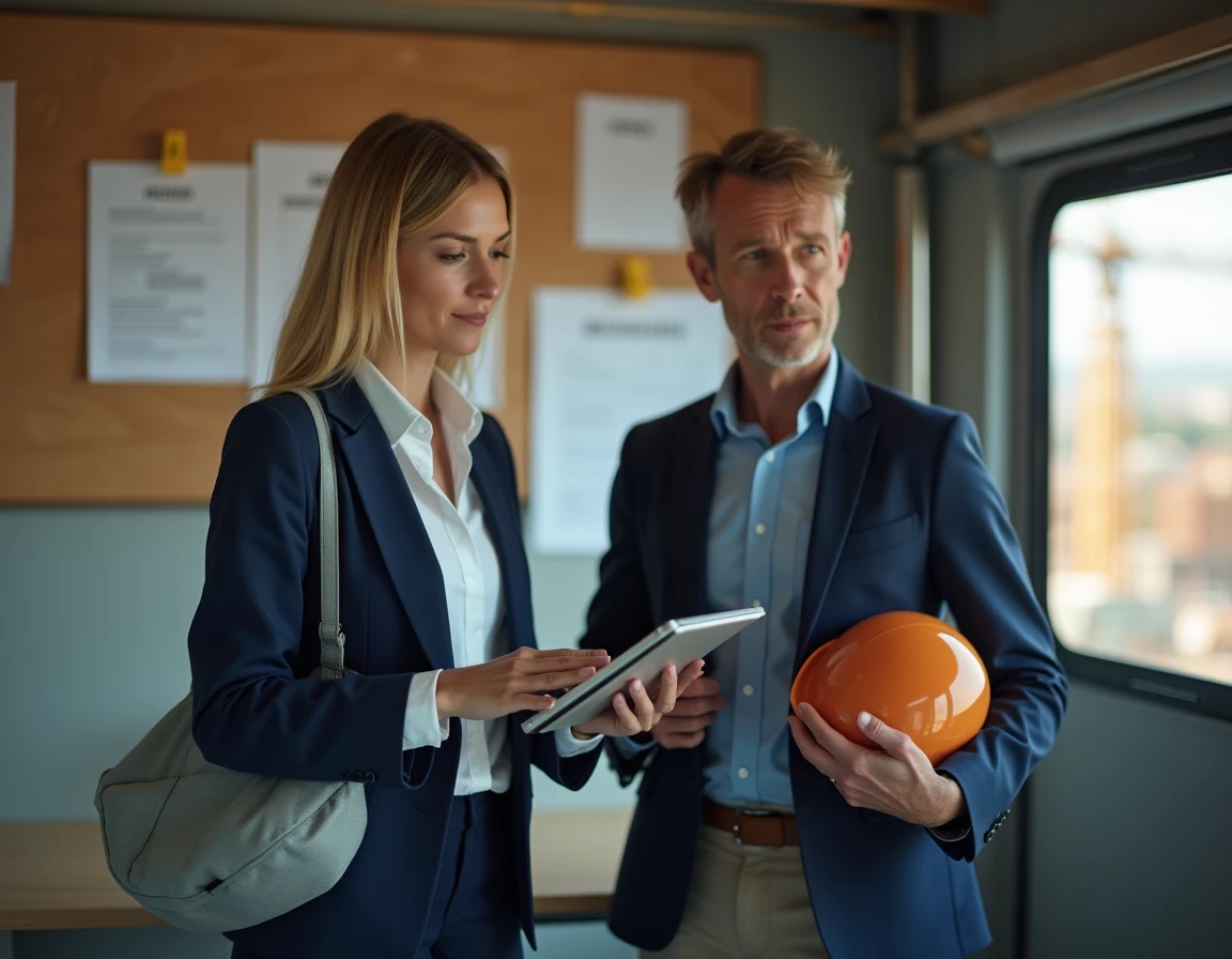 Une professionnelle du bâtiment vérifiant les critères d'inscription sur une plateforme spécialisée depuis un bureau de chantier