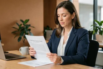 Professionnelle en blazer marine révisant un devis imprimé à son bureau dans un bureau moderne